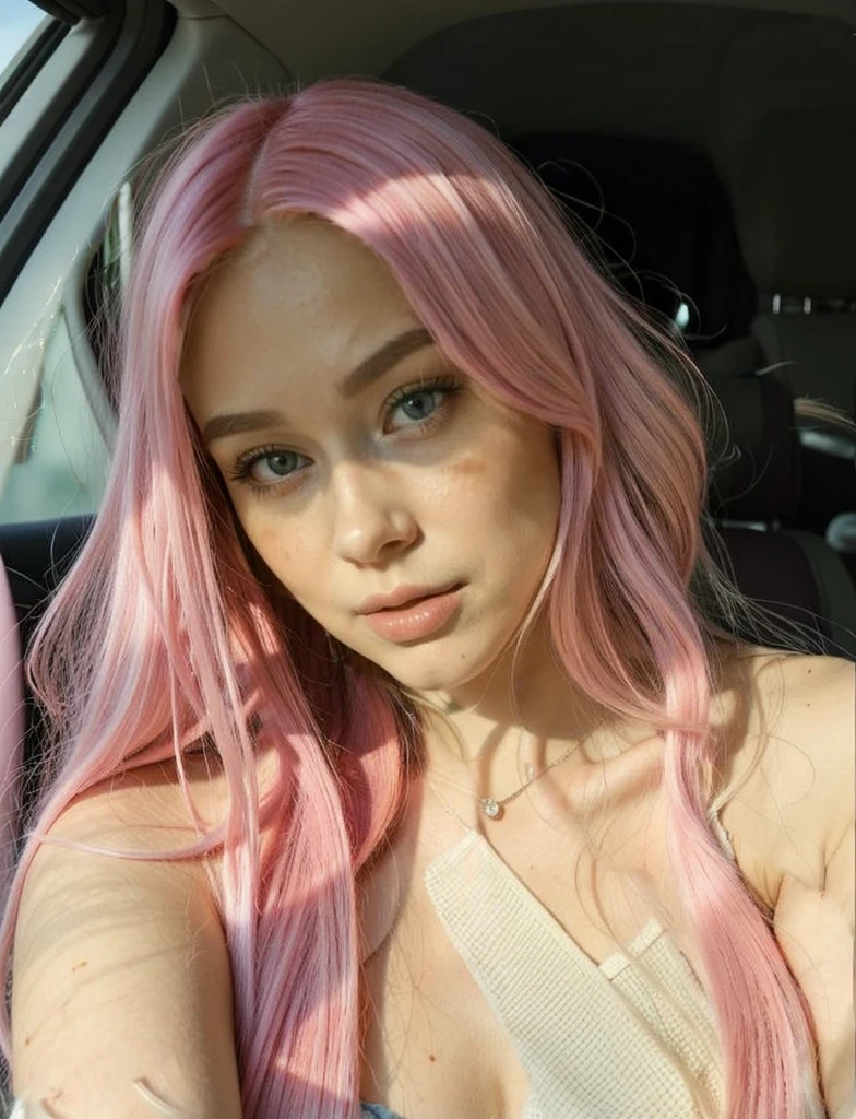 Woman with long pink hair sitting in a car, longos pink hair and big eyes, extremely beautiful face, pale skin curly pink hair, longos pink hair and big eyes, very pretty face, beautiful girl, one with pink hair, pink hair and big eyes, beautiful young model, Perfect face ), beautiful delicate face, pale, shiny skin, with long pink hair, pink hair