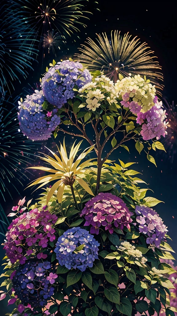 Rainbow-colored fireworks are set off,Hydrangea background、Colorful hydrangeas、Hydrangea scenery、firework、firework大会、Rainbow colorsのfireworkが打ちあがっている瞬間、夜nullとともに、、紫陽花景色で壮大なfirework、future都市、Highest quality、masterpiece, (Diffuse reflection of light:1.2), When the fantastic rainbow turns into shadow, bathed in a mystical atmosphere, Cast magic spells. evoke a sense of wonder and awe. A fusion of natural grandeur and magic, Weaving dreams into reality. Behold, null, And the unknown, Fleeting、And an eternal moment, 16K, Ultra-high resolution.Realistic, Ultra-high resolution, to be born,future、Rainbow colorsに光り輝く、Rainbow colors、The world 30 years from now。