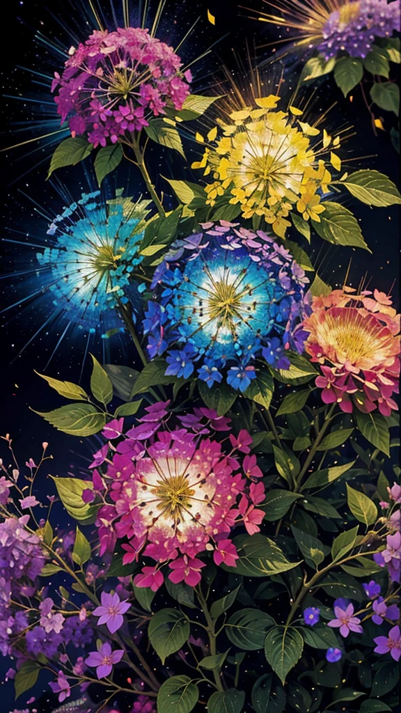 Rainbow-colored fireworks are set off,Hydrangea background、Colorful hydrangeas、Hydrangea scenery、firework、firework大会、Rainbow colorsのfireworkが打ちあがっている瞬間、夜nullとともに、、紫陽花景色で壮大なfirework、future都市、Highest quality、masterpiece, (Diffuse reflection of light:1.2), When the fantastic rainbow turns into shadow, bathed in a mystical atmosphere, Cast magic spells. evoke a sense of wonder and awe. A fusion of natural grandeur and magic, Weaving dreams into reality. Behold, null, And the unknown, Fleeting、And an eternal moment, 16K, Ultra-high resolution.Realistic, Ultra-high resolution, to be born,future、Rainbow colorsに光り輝く、Rainbow colors、The world 30 years from now。