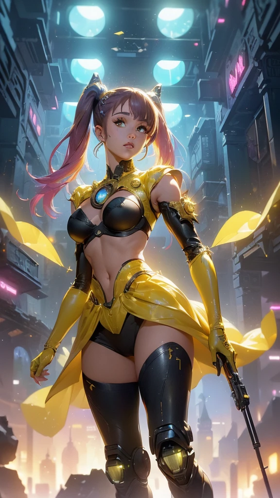 (The best quality,A high resolution,Ultra - detailed,actual),Ariana Grande with headphones on and a (yellow outfit:1.4) , (afrofuturism style:1.4) , afrofuturism, rossdraws | afrofuturism, Beeple. hyperrealism, (style hybrid mix of Beeple:1.4) , cinematic Beeple, realism | Beeple, afrofuturistic, Beeple daily art, cyberpunk art ultrarealistic 8k, cyberpunk vibrant colors,( Ariana Grande :1.4), (cinematic lighting :1.4), (perfect ??????? :1.4), ,(Fondo de ruinas de mazmorra en ruinas cyberpunk :1.4 ), (pose dinámica vaquero), (face detailed Ariana Grande :1.4), (cyborg yellow mecánica transparente :1.4),( no mutaciones),( ojos hermosos detailed :1.4), ,(Fondo de ruinas de mazmorra en ruinas:1.4 )