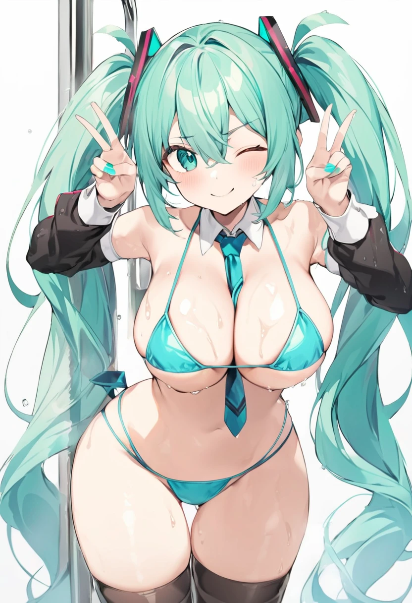  hatsune_miku absurdres commentary highres symbol-only_commentary 1girl aqua_bikini aqua_eyes aqua_hair aqua_nails aqua_necktie between_breasts bikini black_sleeves black_thighhighs borrowed_design breasts collar_bikini_miku_(meme) cowboy_shot cropped_legs detached_sleeves double_v hair_between_eyes horizontal-striped_bikini long_hair looking_at_viewer medium_breasts meme micro_bikini necktie necktie_between_breasts one_eye_closed simple_background smile solo string_bikini striped_bikini striped_clothes swimsuit thighhighs twintails two-tone_bikini v v_over_eye very_long_hair white_background in shower ,wet