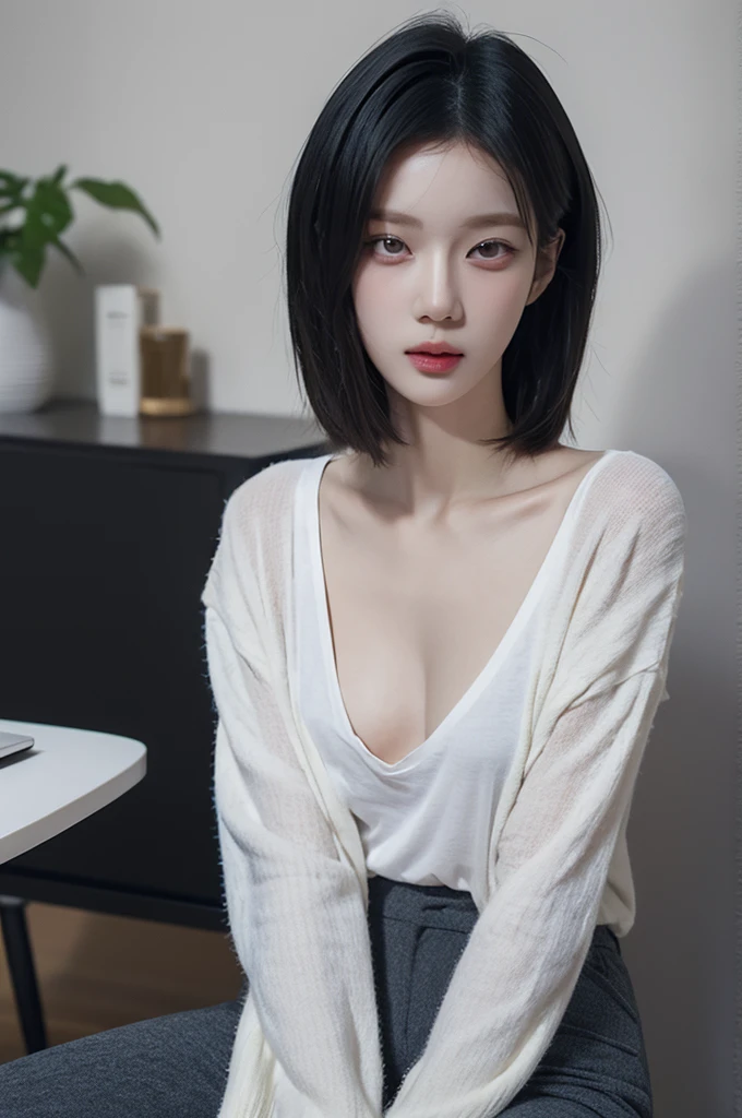 (photorealistic:1.4), raw photo, best quality, masterpiece, ultra high res,1girl,kimminjeong,detailed face,detailed eyes, (short black hair:1.1),small breast, long sleeve t-shirt,casual pants,sit at table,minimalist living room, (night0.1),、Cleavage、lingerie