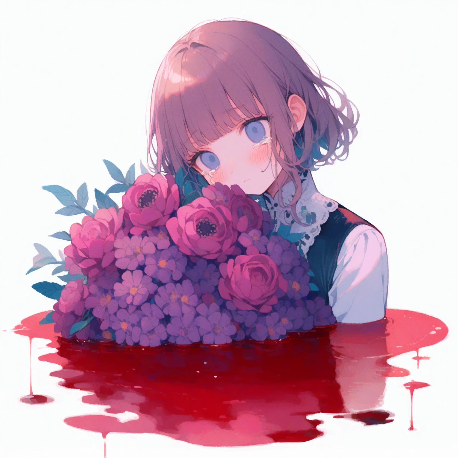 1girl、Scabiosa、Mourning clothes、Red puddle、「Unhappy Love」「I lost everything」、Tears of blood flow、empty eyes、tegaki