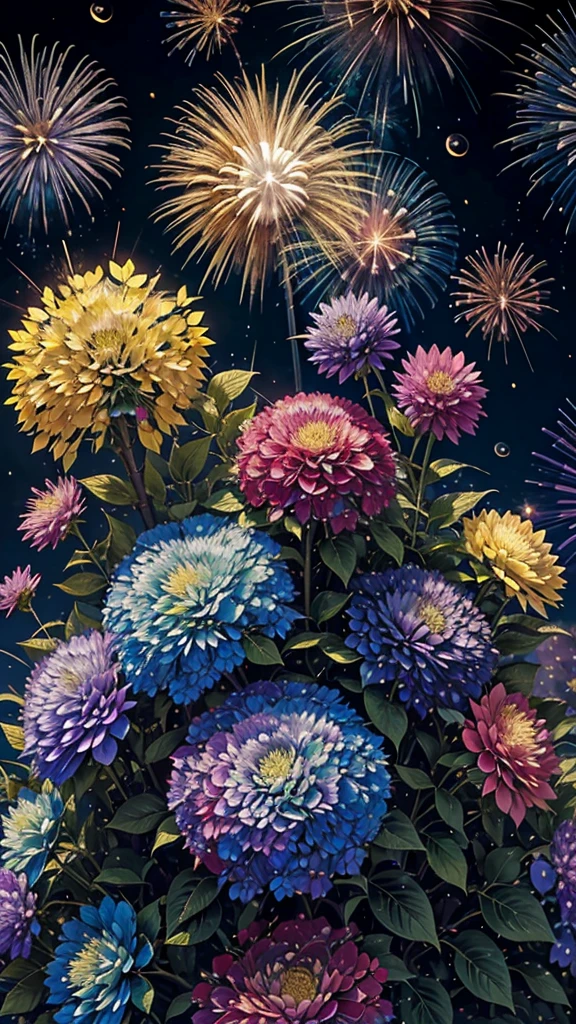Colorful hydrangeas、Hydrangea scenery、firework、firework大会、Rainbow colorsのfireworkが打ちあがっている瞬間、夜nullとともに、、紫陽花景色で壮大なfirework、future都市、Highest quality、masterpiece, (Diffuse reflection of light:1.2), When the fantastic rainbow turns into shadow, bathed in a mystical atmosphere, Cast magic spells. evoke a sense of wonder and awe. A fusion of natural grandeur and magic, Weaving dreams into reality. Behold, null, And the unknown, Fleeting、And an eternal moment, 16K, Ultra-high resolution.Realistic, Ultra-high resolution, to be born,future、Rainbow colorsに光り輝く、Rainbow colors、The world 30 years from now。