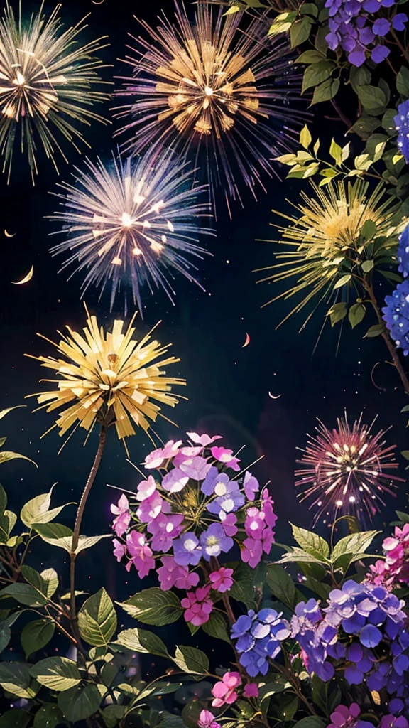 Colorful hydrangeas、Hydrangea scenery、firework、firework大会、Rainbow colorsのfireworkが打ちあがっている瞬間、夜nullとともに、、紫陽花景色で壮大なfirework、future都市、Highest quality、masterpiece, (Diffuse reflection of light:1.2), When the fantastic rainbow turns into shadow, bathed in a mystical atmosphere, Cast magic spells. evoke a sense of wonder and awe. A fusion of natural grandeur and magic, Weaving dreams into reality. Behold, null, And the unknown, Fleeting、And an eternal moment, 16K, Ultra-high resolution.Realistic, Ultra-high resolution, to be born,future、Rainbow colorsに光り輝く、Rainbow colors、The world 30 years from now。