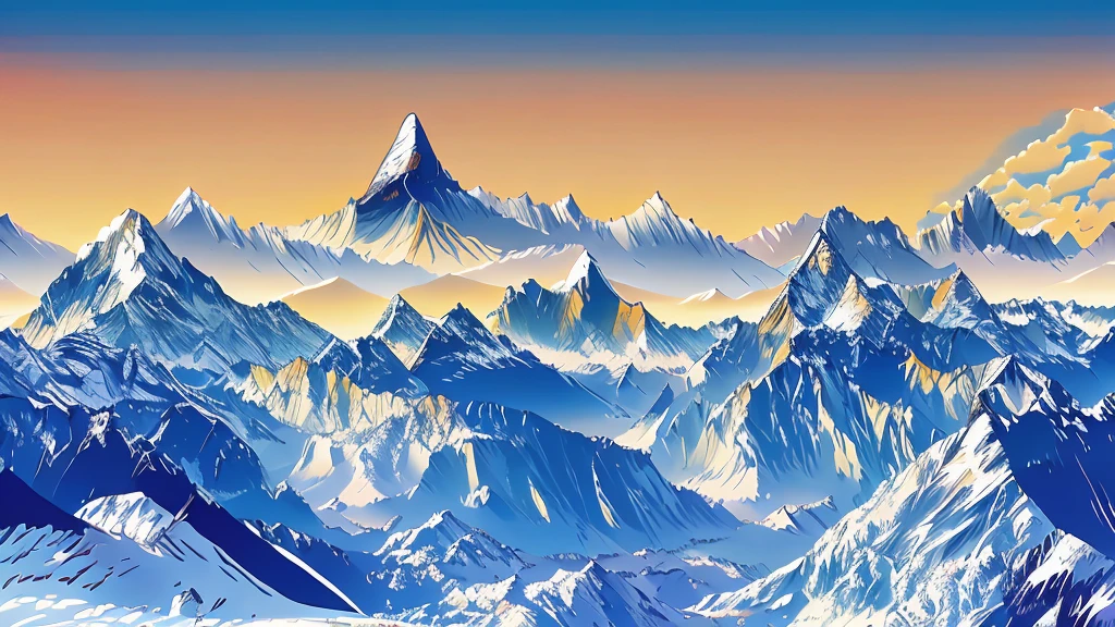 ((high resolution: 1.1))Himalayas，Snowy，The sky is magnificent。Wide panorama，high resolution、High Definition，Cool colors，Flat Wind，Minimalist illustration，Vector。((high resolution: 1.1))Illustration of a snow mountain range in the vector, using simple shapes and a 2D flat, vector artwork features beautiful colors with a blue sky and orange sunset, peaks, capped, covered, resembling a view, Mount Everest，Flat Wind，Minimalist illustration，Vector。
