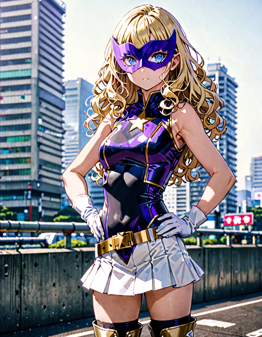 One girl, Medium chest, (((Upper Body))),(((leotard, 白色と青色のleotard, No sleeve, White mini skirt))), ((Tight belt, Gold Belt)), ((boots, matching boots, ankle boots, white boots)), ((gloves, white gloves)), Urban Background, tokyo Urban Background, alone, single, Hands on hips, Are standing, (((Upper Bodyショット))), Cowboy Shot, Superhero, ((Beautiful attention to detail)), (Gold star symbol on chest), (((Purple eye mask))),(((blue eyes))),(((Blonde Hair, Medium length curly hair, blue eyes))), (Perfect Anatomy), masterpiece, (((Highest quality))),