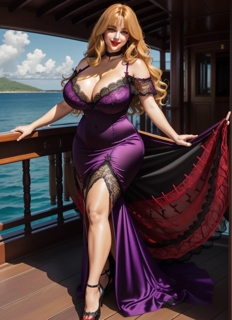 Jessica Rabbit, 27 years old, full body view Beautiful woman(((shoulder length wavy golden blonde hair, two side up with bangs))) defined body, voluptuous, sexy, Red lipstick, hands free, mouth slightly open, smiling, standing facing camera,((( short sleeve, sparkling purple satin long gown with black lace trim and black lace embroidering and matching heels))), on the deck of a super yacht anchored near a tropical island, (large_breasts:1.4) (curvy:1.3)(chubby:1.0)