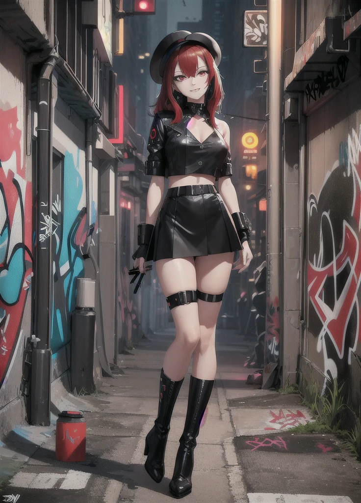 masterpiece, best quality, 1lady, solo, black hanting hat, black shirt, black mini skirt,black boots, (graffiti:1.5), arms behind back, looking at viewer, thigh strap, paint on face, head tilt, bored, red and multicolored hair, red eyes, evil grin, (an artistic photograph of a cyberpunk prostitute),full body shot, centered, contrast beautifully with the sleek, futuristic design of the mech. The background features a wide-angle lens, emphasizing the dynamic nature of the scene. wide aperture, HDR, telephoto lens,midnight,alley, street light, night sky,