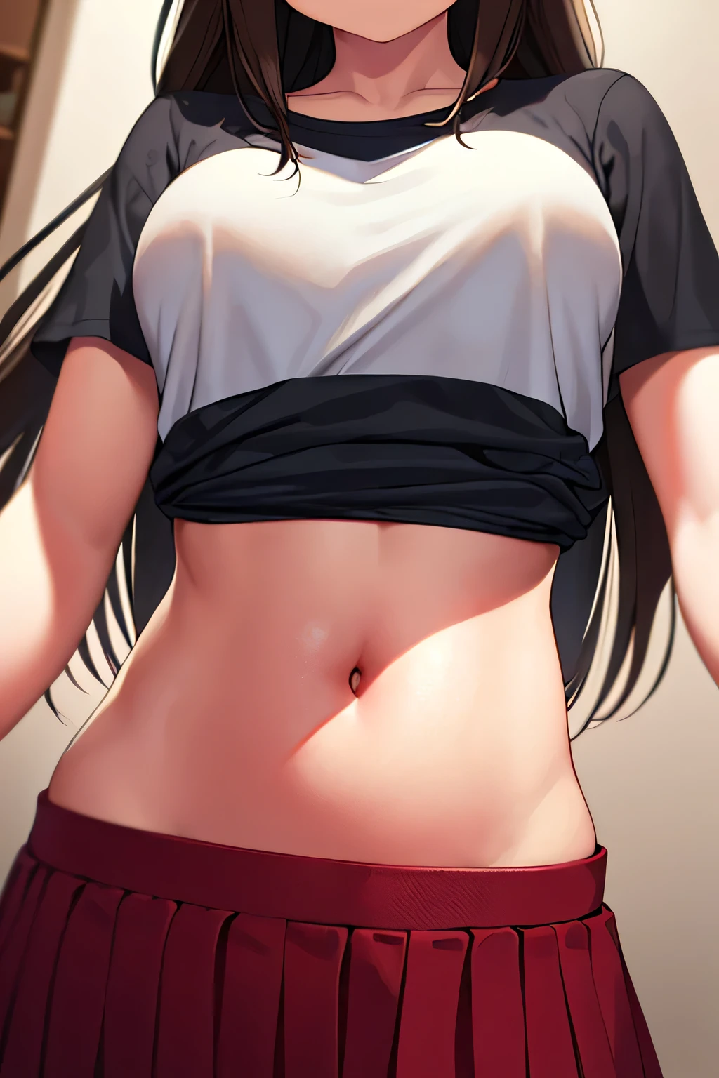 super fine illustration, vibrant colors, masterpiece, sharp focus, best quality, depth of field, cinematic lighting, ultra detailed, blush, annoyed, belly button, navel, hips, 1girl,  looking down, t shirt, short sleeves, frilled long skirt, very long hair, very messy hair, dark brown hair, mature woman, small breasts, 