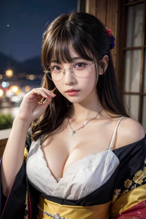 ((masterpiece)), ((Highest quality)), (Super detailed), ((Very detailed)), 4K, (8K), Highest quality, (beautiful)0, holy place, night, Beautiful girl, One girl, alone, Aristocratic costume, kimono,Royalty, beautiful rainbow hair0, ((beautiful eyes)), Large Breasts, nice,,((Glasses)),Part of the hair is dyed,Diamond Necklaces,confidence,