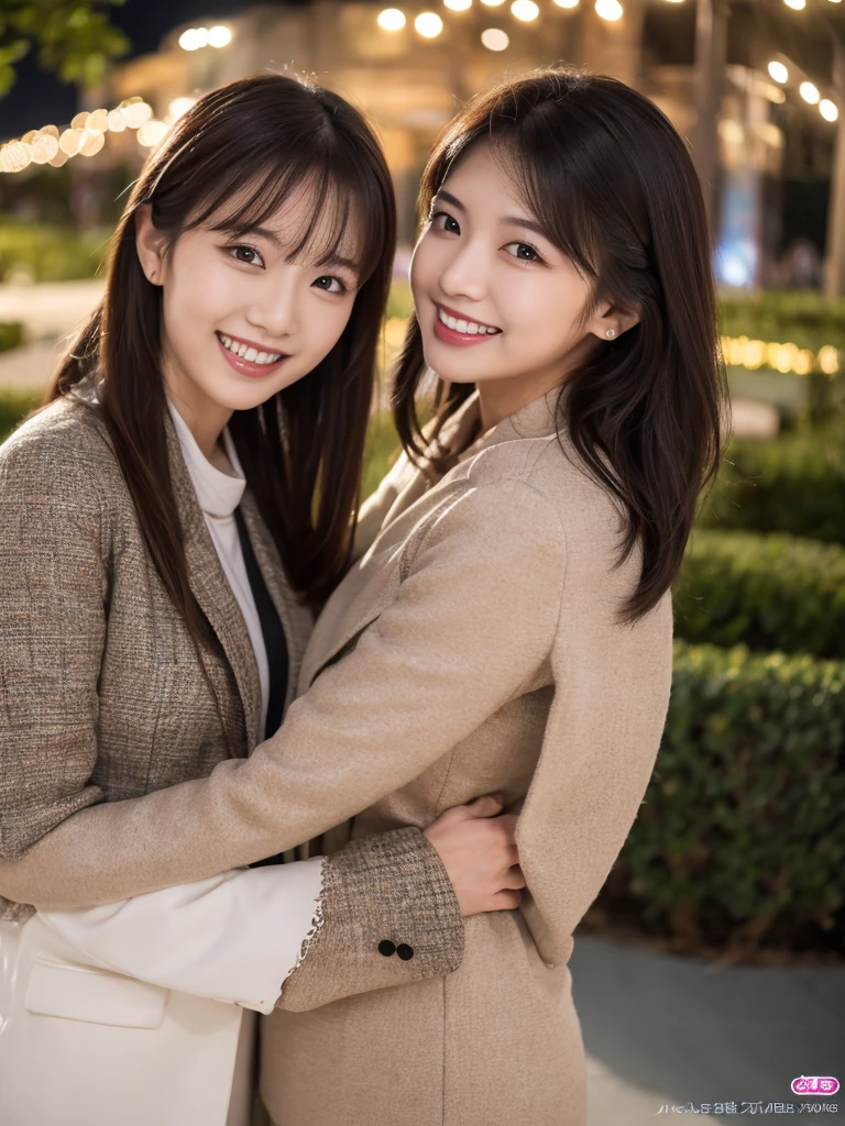 8k, (Raw photo:1.2), (Photorealsitic), Beautiful detailed, Famous popular idol、 (Real: 1.4), extremely detailed eye and face, beatiful detailed eyes, ((Dazzling night illumination plaza:1.2)), ((Women's Suits:1.3, Ultra-realistic pantyhose:1.2))、selfee、Instagram、harsh trial、huge filesize, hight resolution, ighly detailed, top-quality, [​masterpiece:1.6], illustratio, ighly detailed, nsfw, finely detail, top-quality, 8k wallpaper, Cinematographic lighting, 1 milf, 19 year old, perfect body, Beautiful big drooping eyes, ((masutepiece)), Best Quality, eye shadow,  high-heels、Portrait、(Very affectionate smile:1.2)、realistic skin textures、shinny skin、Exposed thighs, low angle photo, full body shot,