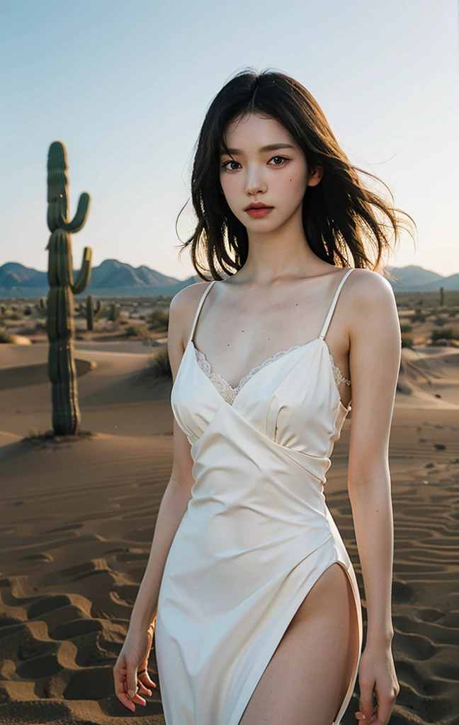 aespakarina,1girl, dynamic angle, desert, (cactus) in the foreground, white dress, with golden accessories,light tracing, (sand wind:1.2)(floating hair:1.1),intense look
hot sun,(cowboy shot)
(photorealistic:1.4), official art, Fractal Art,unity 8k wallpaper, ultra detailed, beautiful and aesthetic,look at viewer, masterpiece,best quality, glowing skin, cinematic lighting,、Cleavage、lingerie