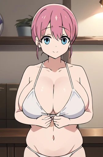 (Very detailedな CG Unity 8k 壁紙),(masterpiece),(Highest quality),(Very detailed),(Best illustrations),(Best Shadow),(Absurd), Michiyo, One Girl, Pink Hair, blue eyes, alone, smile,, indoor,whole body, View your viewers, Single Hair Band, bangs, Hair between the eyes, White Bikini, Hair Bun, Mouth closed, shelf、Huge