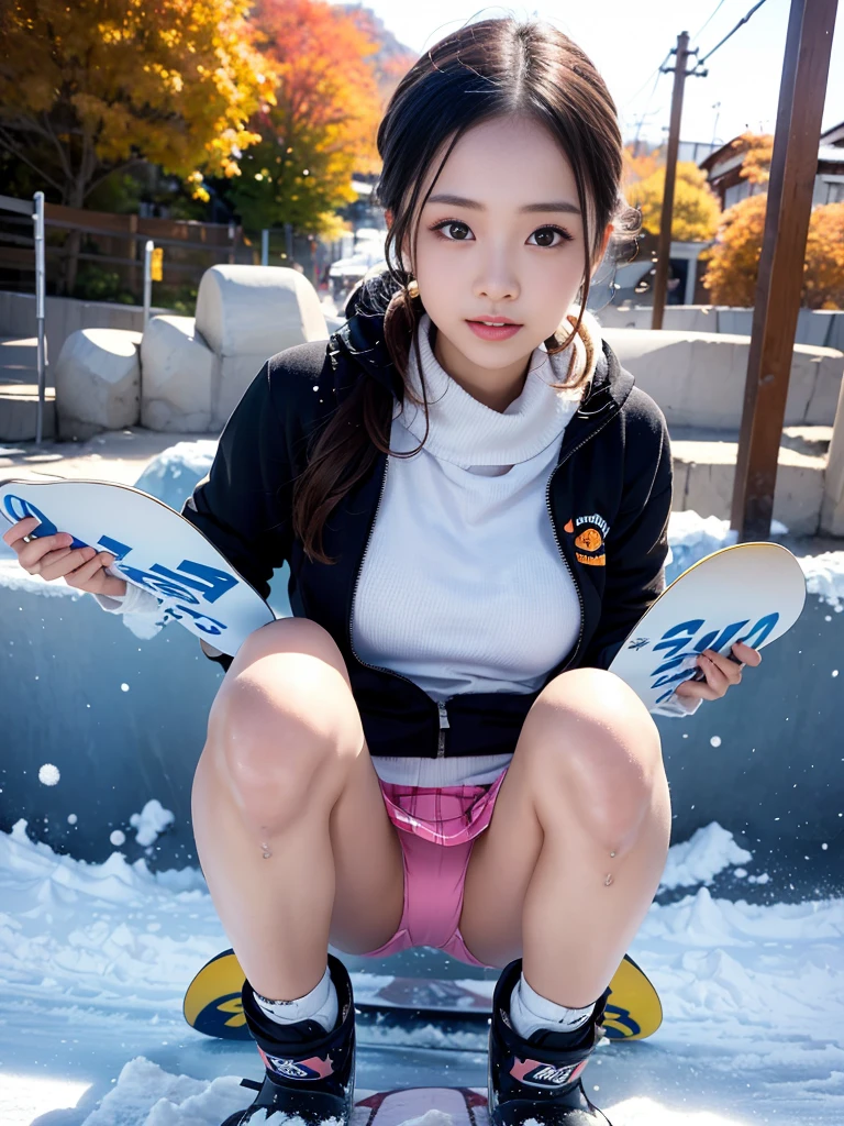 Ultra-high resolution、super high quality、8K、1 female、(so beautiful)、(Beautiful Face:1.7)、(Detailed face)、(Snowboard Wear:1.6)、(Wear a miniskirt:1.5)、(Fall and open your legs:1.5)、(I can see thin pants:1.3)、(Cute pink panties:1.1)、(dressing)、(Ski Resorts)、カラフルなSnowboard Wear、(At S.F.W.:1.5)、There are a lot of people around々Swarm、Too bright natural light、Shining Sun、The light is shining、