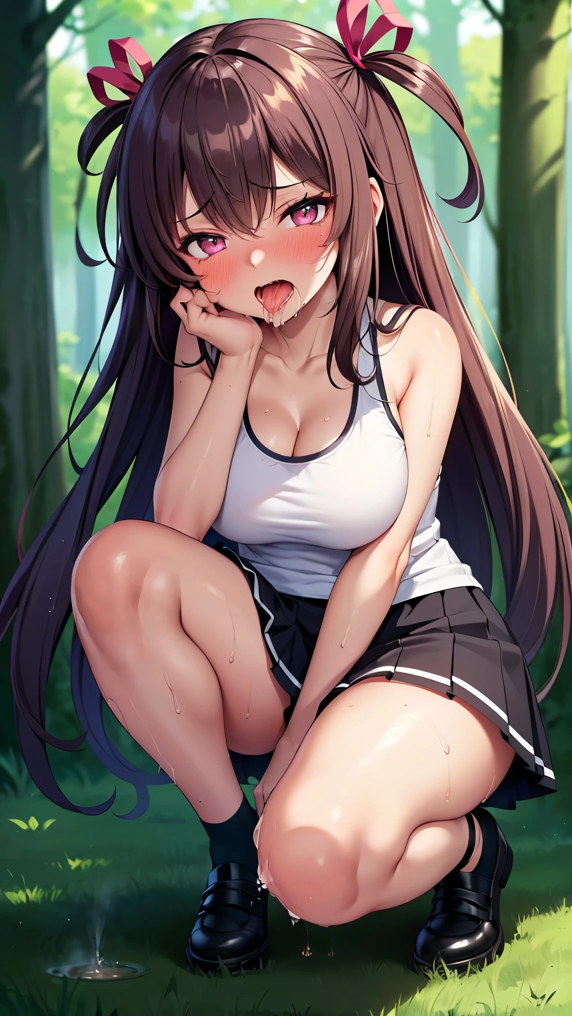 Highest quality,masterpiece,8K,1girl,((loli,big breasts,little girl:1.3)),((orgasm,blush,saliva,saliva trail,ahegao:1.3)),angry, sweat,mini skirt,lift skirt,upskirt,mizuki yukikaze,hair ribbon, white tank top, black skirt, mini skirt, black thighhighs,vagina,pubic hair,((walking1.3)),forest,forest林,crotchAngle,head out of frame,lower body,have to pee,covering crotch,(((hand between legs))),knees together feet apart,steam,((squatting,open legs:1.3)),Pee,Urinating