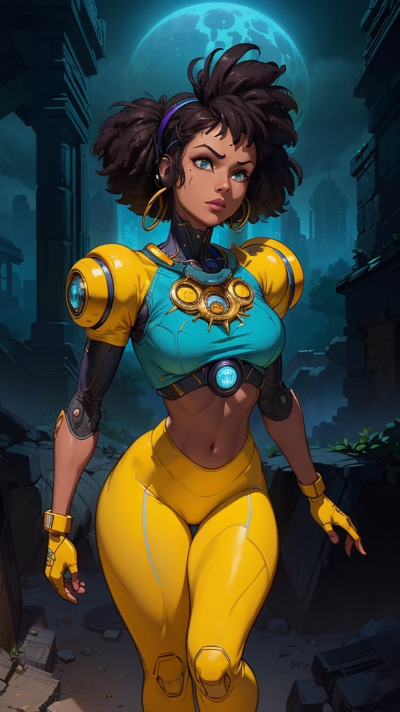 (The best quality,A high resolution,Ultra - detailed,actual),Selena Gómez with headphones on and a (yellow outfit:1.4) , (afrofuturism style:1.4) , afrofuturism, rossdraws | afrofuturism, Beeple. hyperrealism, (style hybrid mix of Beeple:1.4) , cinematic Beeple, realism | Beeple, afrofuturistic, Beeple daily art, cyberpunk art ultrarealistic 8k, cyberpunk vibrant colors,(Selena Gómez :1.4), (cinematic lighting :1.4), (perfect anatomy :1.4), ,(Fondo de ruinas de mazmorra en ruinas cyberpunk :1.4 ), (pose dinámica vaquero), (face detailed Selena Gómez :1.4), (Five Fingers, Four fingers and thumb),(cyborg yellow mecánica transparente plastic :1.4), ,(Fondo de ruinas de mazmorra en ruinas:1.4 )