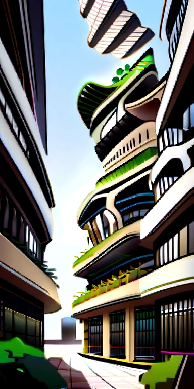 A high-rise building in a futuristic city designed by Zaha Hadid, Futuristic building, Modern building, Sidewalks around the building, idea, A fusion of the future and the past, Hanging Gardens, the Hanging Gardens of Babylon, Sustainability, The future's technology, Very tall building, Architectural creativity, New culture, Self-sufficiency, Golden Ratio, Beautiful building in the middle of the photo, Blurry background, One building, Spread, Natural colors, calm colors, Tafah, art, Better accuracy