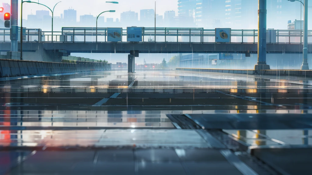 Girl on the road overpass,Early in the morning,It was just raining lightly,Clear air,Sunlight and rainwater on the road reflect off the buildings,The screen is displayed from top to bottom,Background in cool tones