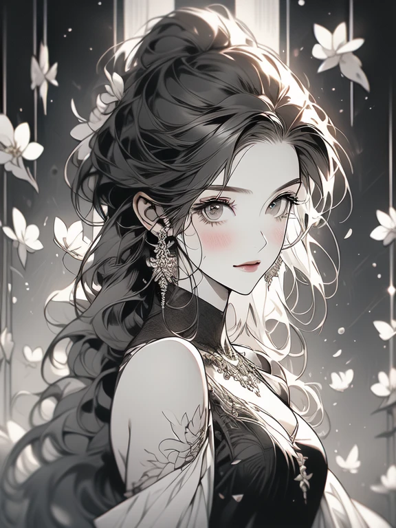 (masterpiece, top quality, best quality, official art, beautiful and aesthetic:1.2), (1girl:1.3), extremely detailed,(fractal art:1.1),(colorful:1.1)(flowers:1.3),highest detailed,(zentangle:1.2), (dynamic pose), (abstract background:1.3), (shiny skin), (many colors:1.4), (feathers:1.5), nsfw:1.5, cyber sttyle girl, 1girl, solo, short hair, in nightclub ,bar, bare shoulders, BREAK, rainbow hair,long hair, breasts out:2,portrait, (from above:1.2), medium breasts, beautiful breasts, monochrome, greyscale, midjourney, dancing pose