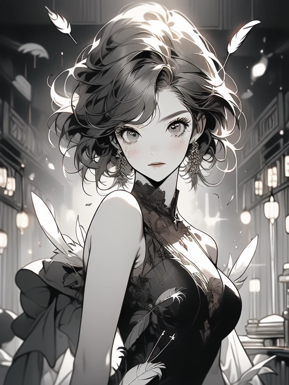 (masterpiece, top quality, best quality, official art, beautiful and aesthetic:1.2), (1girl:1.3), extremely detailed,(fractal art:1.1),(colorful:1.1)(flowers:1.3),highest detailed,(zentangle:1.2), (dynamic pose), (abstract background:1.3), (shiny skin), (many colors:1.4), (feathers:1.5), nsfw:1.5, cyber sttyle girl, 1girl, solo, short hair, in nightclub ,bar, bare shoulders, BREAK, rainbow hair,long hair, breasts out:2,portrait, (from above:1.2), medium breasts, beautiful breasts, monochrome, greyscale, midjourney, dancing pose