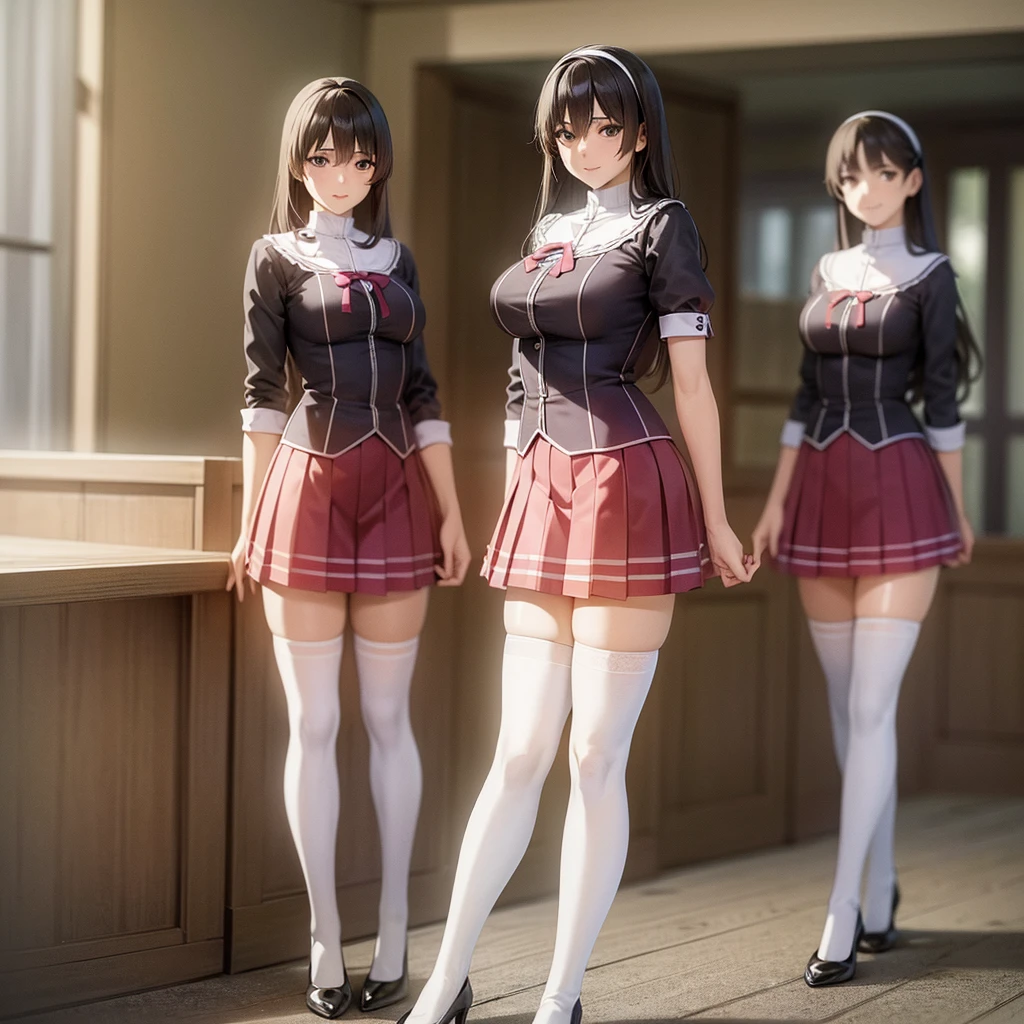 a masterpiece of two identical twin girls with curly brown hair, hazel eyes, and matching school uniforms with sexy lace accents, ribbons, and rainbow short skirts, wearing white thigh-high socks and black high heels, posing together with a seductive smile, flat color background, full body, ultra-detailed, (best quality,4k,8k,highres,masterpiece:1.2),ultra-detailed,(realistic,photorealistic,photo-realistic:1.37)