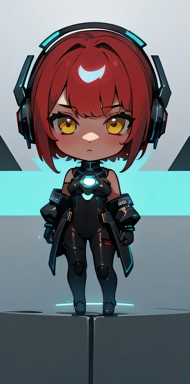 1girl in, android, Cyberpunk, red hair, cyan and yellow eyes, Short hair, White breastplate, Black futuristic headphones, Mechanical black glossy metallic Bodysuit, Bare shoulders, oversized jacket, Glossy, shiny material,chibi emote, chibi character, cyberpunk city,
