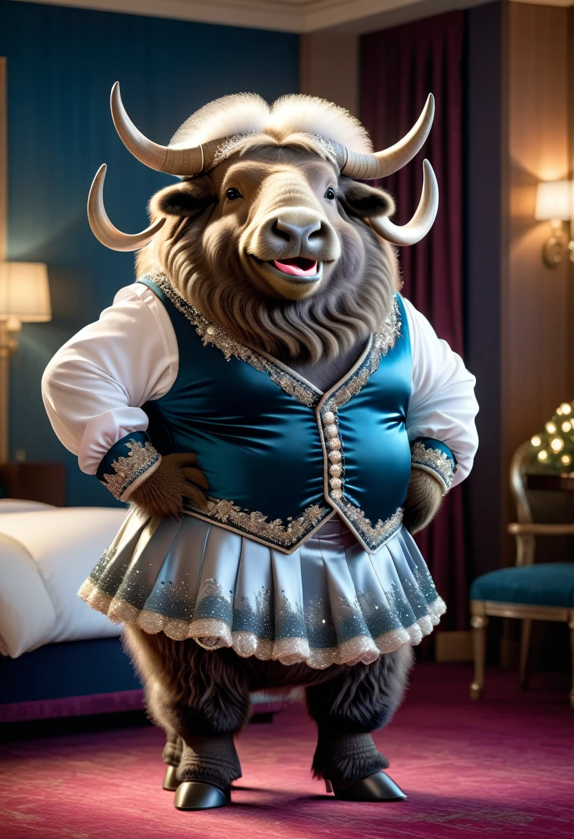 photorealistic portrait of Dressed animals-a ((fat)) cute ((musk ox)) dancer,(furry), (elegant pose:1.5), (hands on hips:1.5),(smile:1.5),high quality,(happy),(lovely) ,intricate details, Wearing bustier, (), highly detailed ((bustier)) ,highly detailed decorations of clothes, Fishnet panty horse , (happy), soft lighting,(full body image:2.0),luxury hotel room background,(high heels),