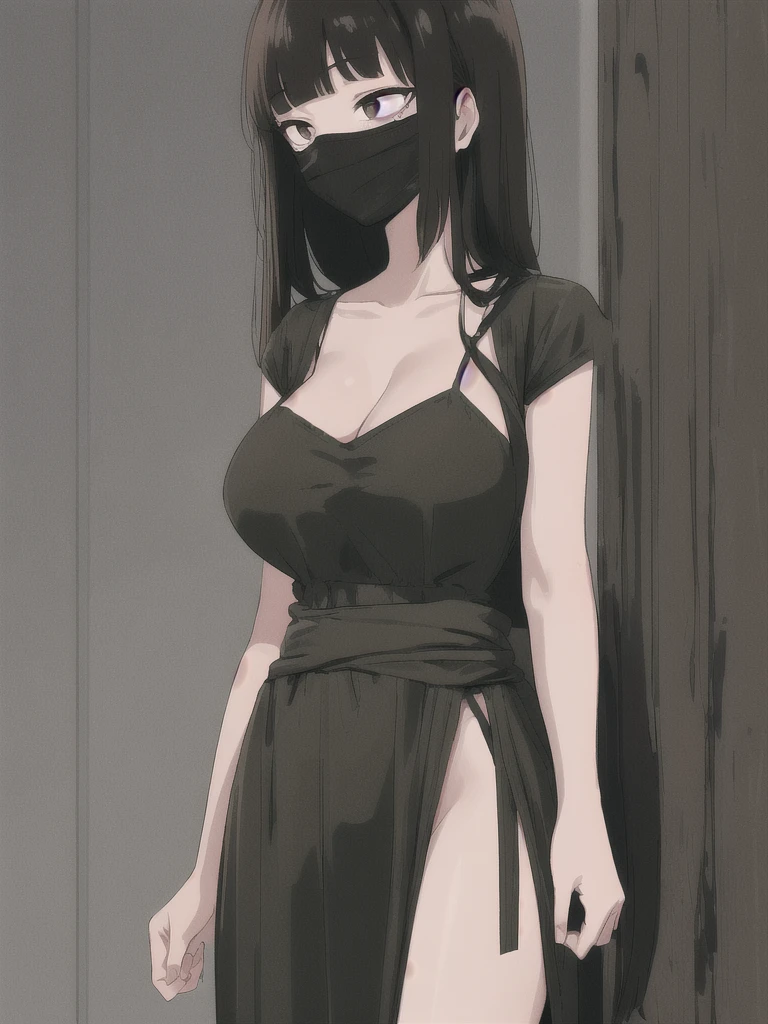 (masterpiece, high quality:1.4), break,White skin、
One Girl, , alone, (Large Breasts:1.2),(Semi-long hair:1.2), Black Hair、bangs、Short Mash Hair、Tight waist, Brown eyes, break、Grey maxi dress、The whole body is visible、Black Mask