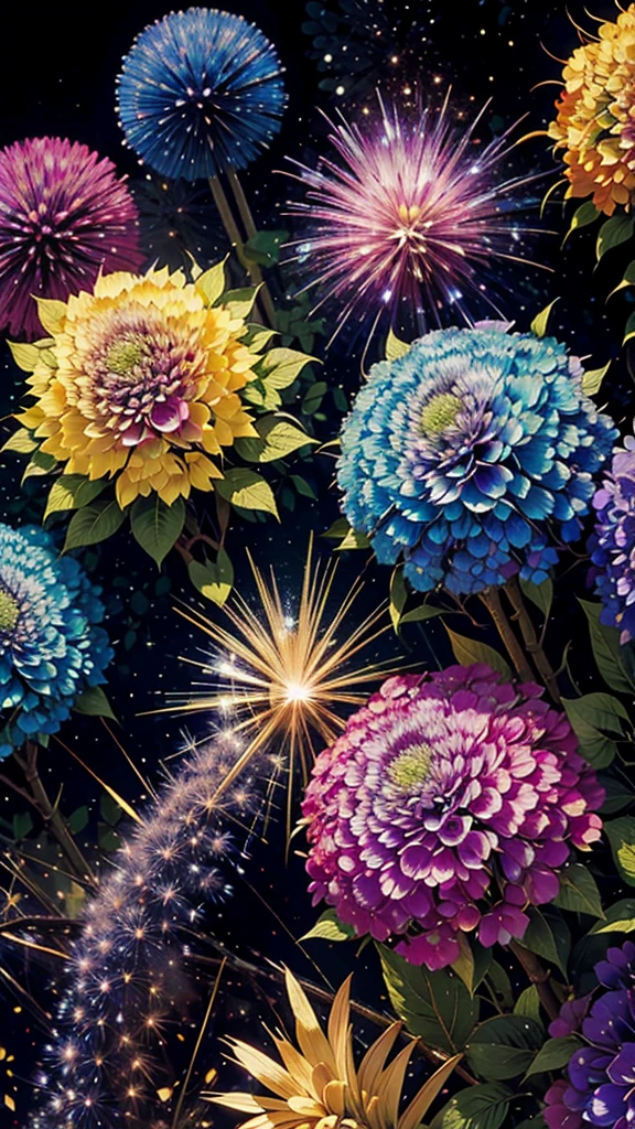 Colorful hydrangeas、Hydrangea scenery、firework、firework大会、Rainbow colorsのfireworkが打ちあがっている瞬間、夜nullとともに、、紫陽花景色で壮大なfirework、future都市、Highest quality、masterpiece, (Diffuse reflection of light:1.2), When the fantastic rainbow turns into shadow, bathed in a mystical atmosphere, Cast magic spells. evoke a sense of wonder and awe. A fusion of natural grandeur and magic, Weaving dreams into reality. Behold, null, And the unknown, Fleeting、And an eternal moment, 16K, Ultra-high resolution.Realistic, Ultra-high resolution, to be born,future、Rainbow colorsに光り輝く、Rainbow colors、The world 30 years from now。