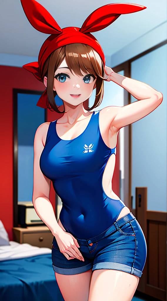 brown hair，blue eyes，short hair，Double tail，red headscarf，Red race swimsuit，Xiaoyao【Pokémon】blush，Smile，big breasts，Denim shorts，bedroom background, standing, idle