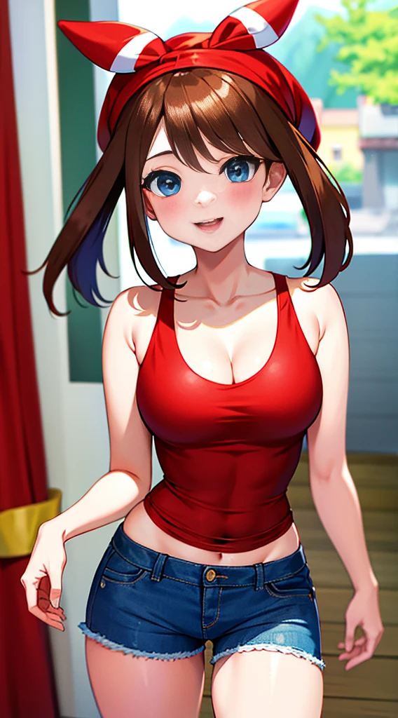 brown hair，blue eyes，short hair，Double tail，red headscarf，Red race swimsuit，Xiaoyao【Pokémon】blush，Smile，big breasts，Denim shorts，bedroom background, standing, idle