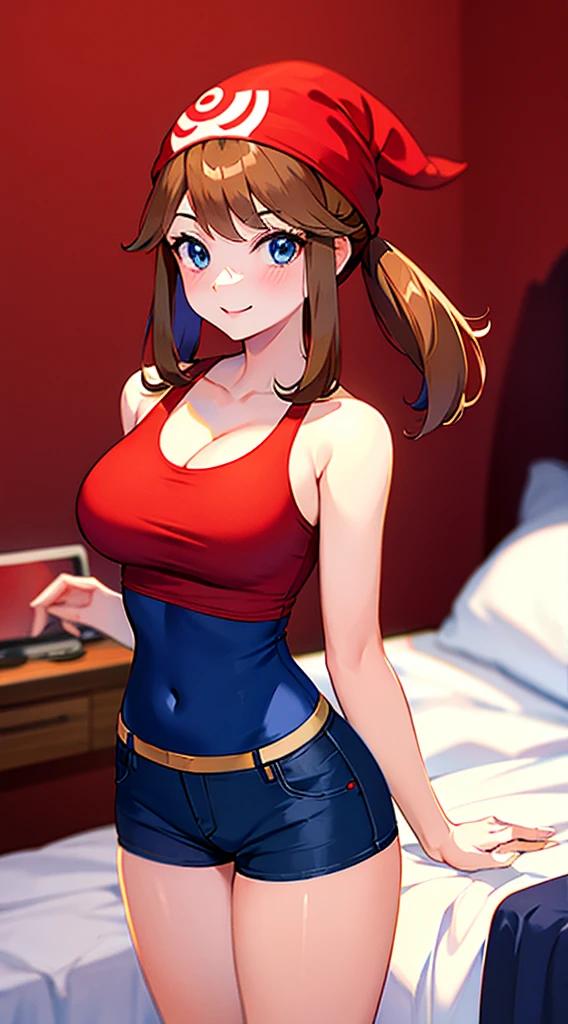 brown hair，blue eyes，short hair，Double tail，red headscarf，Red race swimsuit，Xiaoyao【Pokémon】blush，Smile，big breasts，Denim shorts，bedroom background, standing, idle