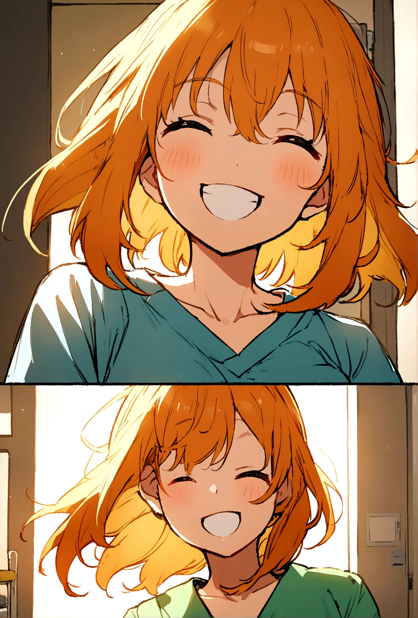 Anime fox girl orange hair, happy, smiling, radiant smile,hospital, wearing scrubs, half body portrait, doing some diet updates