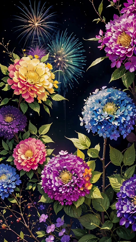 Colorful hydrangeas、Hydrangea scenery、firework、firework大会、Rainbow colorsのfireworkが打ちあがっている瞬間、夜nullとともに、、紫陽花景色で壮大なfirework、future都市、Highest quality、masterpiece, (Diffuse reflection of light:1.2), When the fantastic rainbow turns into shadow, bathed in a mystical atmosphere, Cast magic spells. evoke a sense of wonder and awe. A fusion of natural grandeur and magic, Weaving dreams into reality. Behold, null, And the unknown, Fleeting、And an eternal moment, 16K, Ultra-high resolution.Realistic, Ultra-high resolution, to be born,future、Rainbow colorsに光り輝く、Rainbow colors、The world 30 years from now。