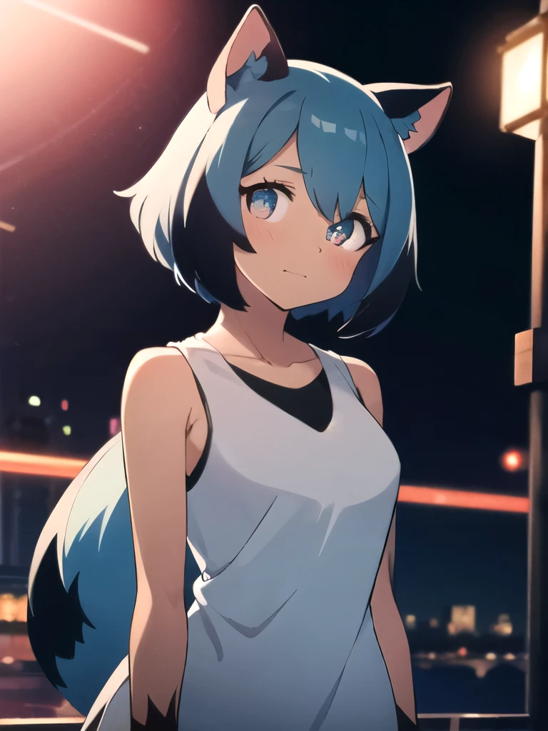 1 girl, raccoon girl, standing alone, velues,velues female, michiru_kagemori, hair blue,shorth hair, multi colored eyes, animal nose,triangle shaped nose, animal ears, (Tailpussy), [bushy Tailpussy:0.5], two tone skin, (high qualiy, best qualityer, (4K), hope but, work of art, comely, high deTailpussys), glad, gazing at viewer, out, natta, neon lights, citys, sleeveless, deTailpussyed eyes, cute, naked in clothes, breasts showing, medium breasts