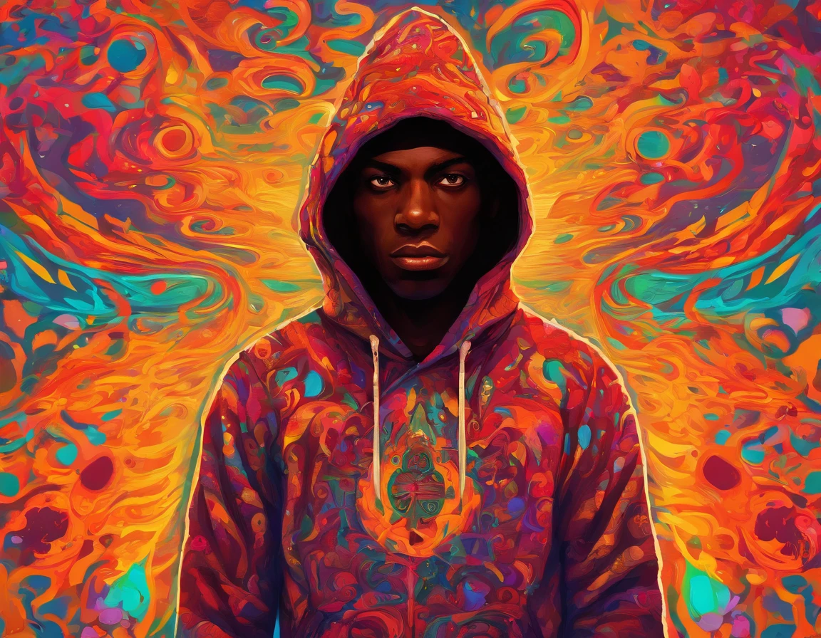 A 20 year old boy, dark-skinned, with a hood, which is having spontaneous combustion.