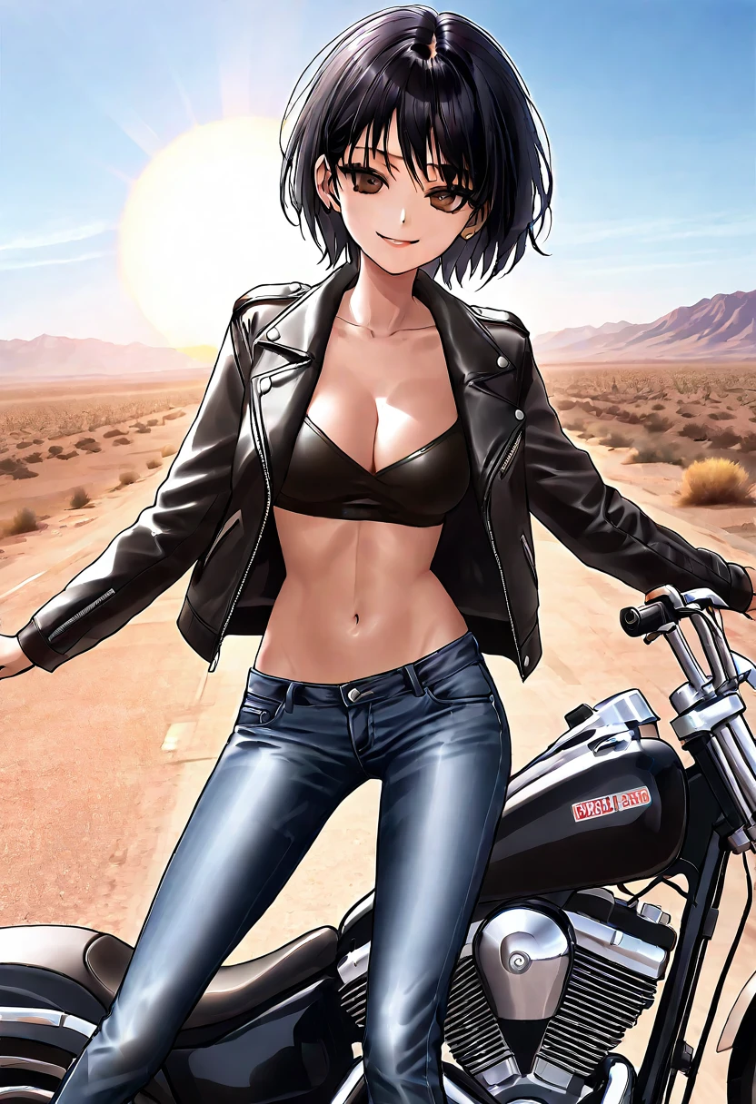 female, short messy black hair, aviator sunglasses, cigarette in mouth, black leather jacket, worn jeans, leather boots, huge chopper bike, desert landscape, sun above, bike gang, close up, huge breasts, defiant smile, leaning back, standing, legs crossed, crossed arms, dusk, tall