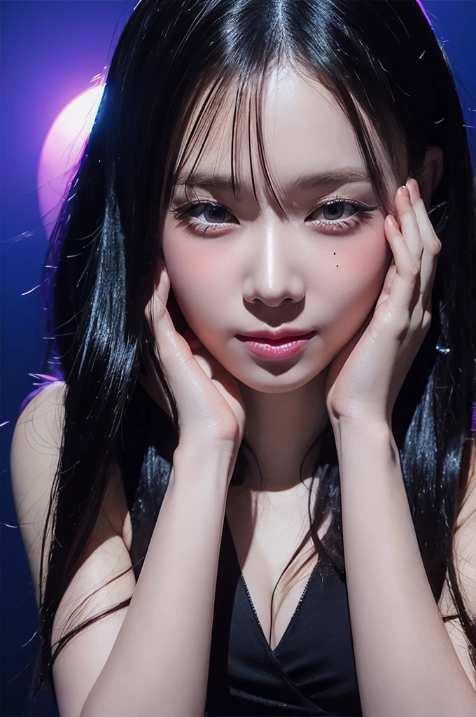 a woman,1 girl,black hair, hair bobbles, longeyelashes, solid circle eyes, light smile, mole under eye, piercing, light smile, shy, puckered lips, Surrealism, drop shadow, stereogram, ass pov, atmospheric perspective, depth of field, first-person view, f/1.8, 8K, super detail, ccurate, best quality, highres, best quality,full body,professional lighting,Cleavage