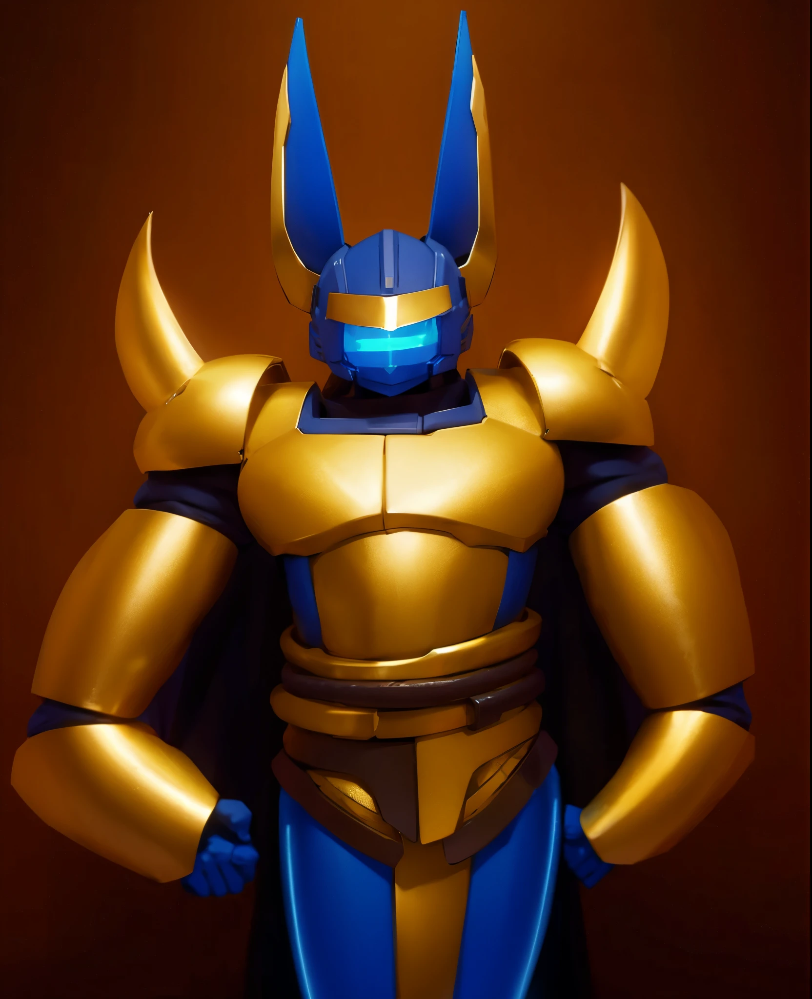 Two long horns on head, golden horns, horns on both shoulders, golden armor, dark night background, high quality, blue visor,