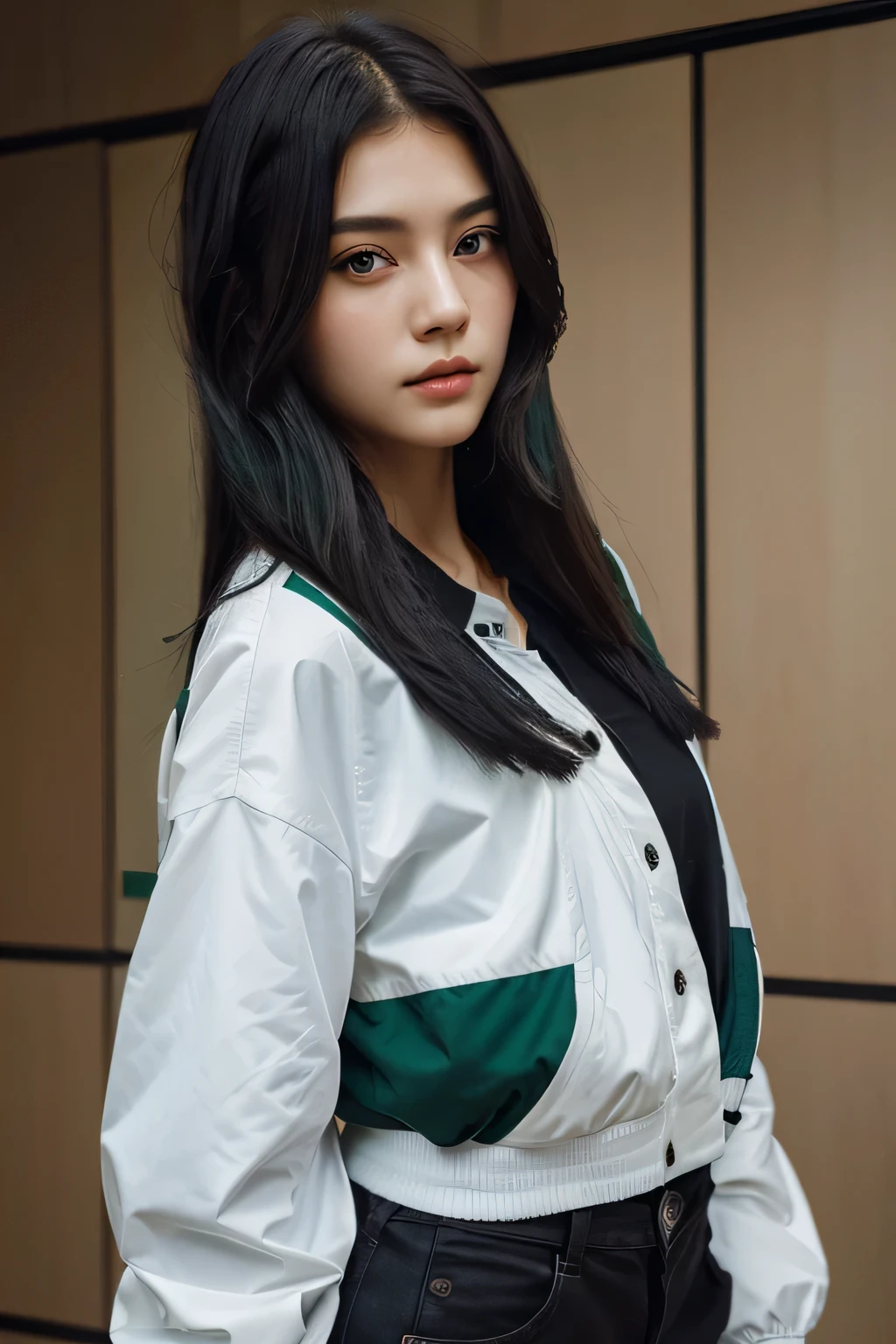 a girl with long wolf cut hairstyle, dark green and black hair, looking forward, beautiful face, masterpiece, best quality, wearing white shirt and varsity jacket, korean cool girl, green eyes, masterpiece, portrait.