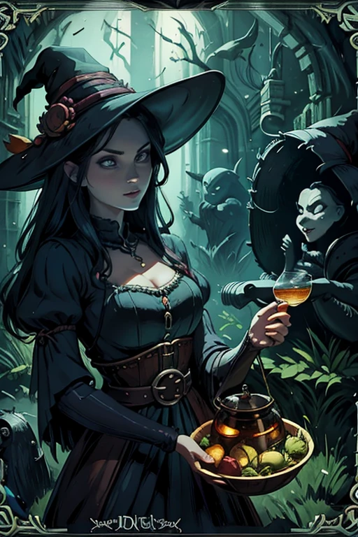 Trading card of [Witch Brewing Potion], [Arte Digital], [Estilo Cartunesco], [Morgana CartoonArt], [Artistation], [Cartoonish resolution], [Vivid and charming colors], [Fun lighting], [Lente wide-angle para abranger a cena]