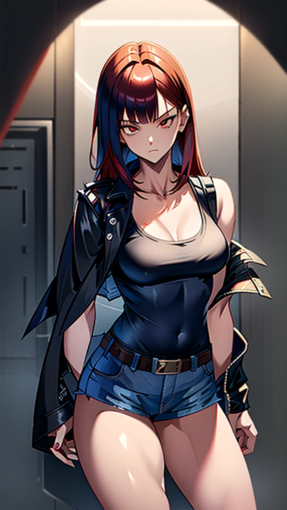 18 year old young girl, red hair with gray hair tips, red eyed, black leather jacket, short white shirt, hot blue short jean shorts, aura around the body dark red, serious look, sexy, bristly hair, spiky hair, fringe