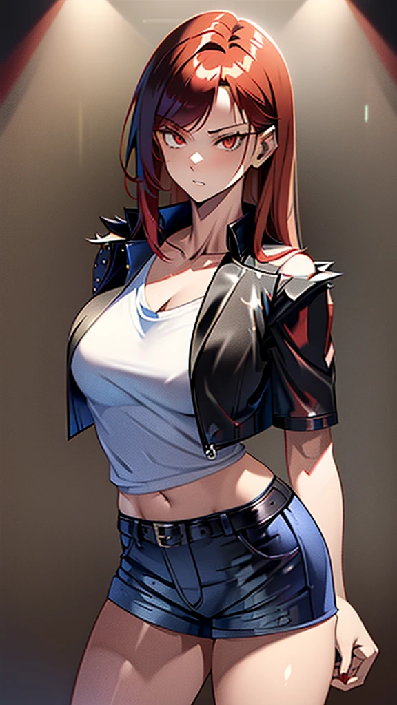 18 year old young girl, redhead with red eyes, black leather jacket, short white shirt, hot blue short jean shorts, aura around the body dark red, serious look, sexy, bristly hair, spiky hair