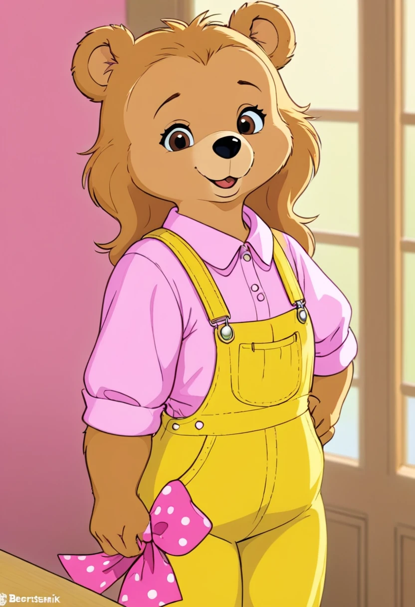 Sister Bear from Berenstain Bears. CGI Realistic. Yellow overalls. pink bow on hear. In style of Stan and Jan Berenstain