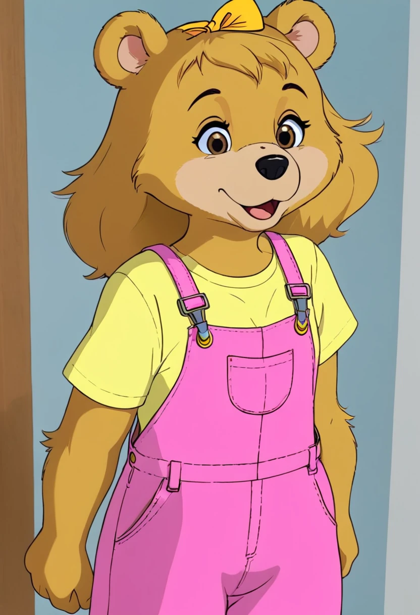 Sister Bear from Berenstain Bears. CGI Realistic. Yellow overalls. pink bow on hear. In style of Stan and Jan Berenstain