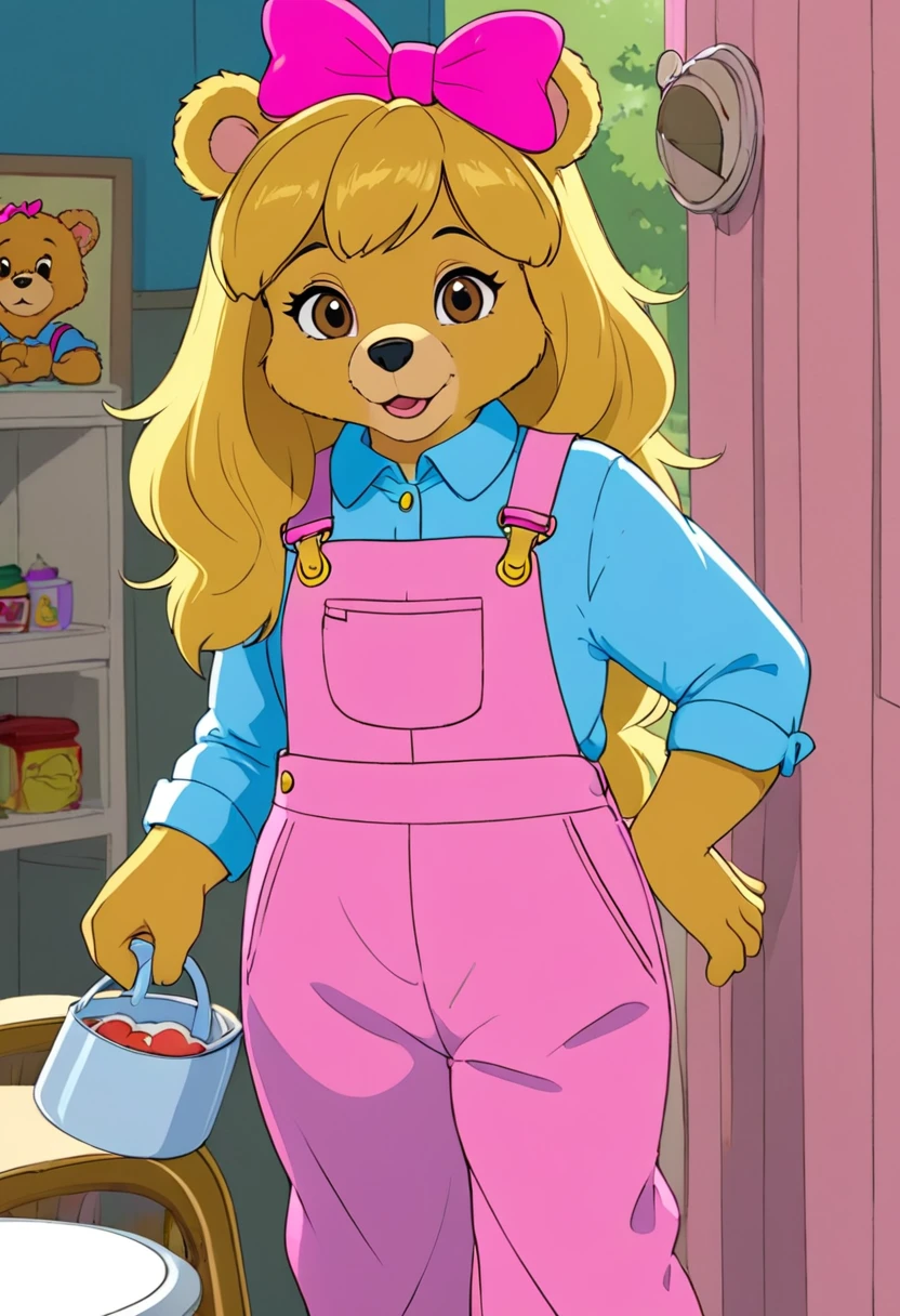 Sister Bear from Berenstain Bears. CGI Realistic. Yellow overalls. pink bow on hear. In style of Stan and Jan Berenstain