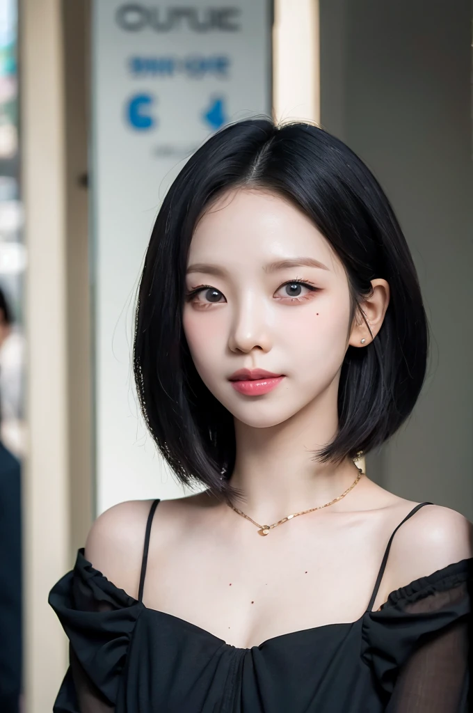 a woman,1 girl,black hair, hair bobbles, longeyelashes, solid circle eyes, light smile, mole under eye, piercing, light smile, shy, puckered lips, Surrealism, drop shadow, stereogram, ass pov, atmospheric perspective, depth of field, first-person view, f/1.8, 8K, super detail, ccurate, best quality, highres, best quality,full body,professional lighting,Cleavage