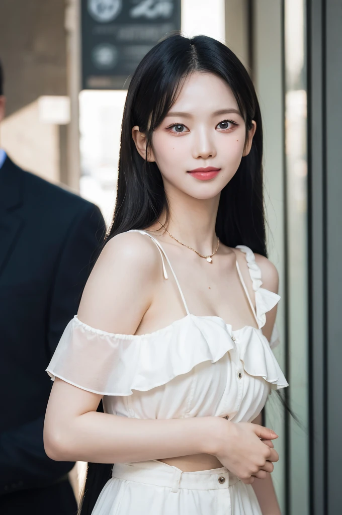 Wearing a white dress that reveals her shoulders