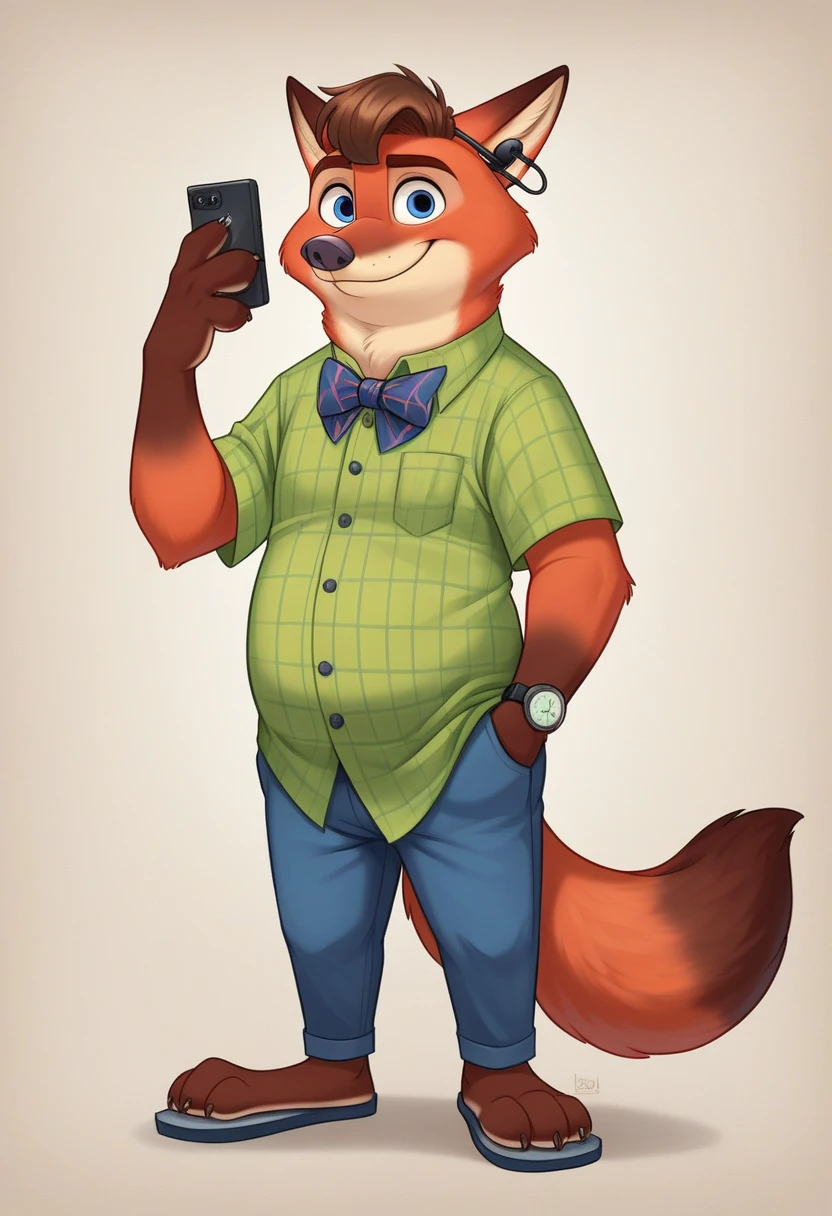 hyperrealistic art, furry portrait, bright colors, full body photography, full figure picture, masterpiece, Best quality, A high resolution, Brown hair, barefoot Gideon Gray blue eyes, (Zootopia, Cute, chubby, male fox, reddish fur, longer fur on the cheeks, side part hairstyle, shorter muzzle) in casual adult clothing, a blue checkered shirt, bow tie, long pants, sandals with heels,in the park, detailed beautiful paws with short claws, I watch videos on my smartphone, red light in his eyes, smiling, Earplugs. detailed background, anatomically correct, 8 k, (wide dynamic range, dynamic angles and pose:1.2), spicy, Concentrated, (prayer):1.23, (particle),（author：by Jackaloo）